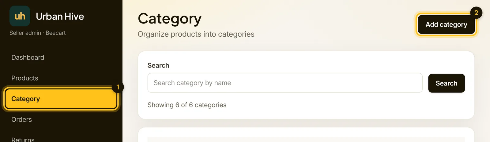 The Category page in the seller admin, with the Category menu item and the Add category button highlighted