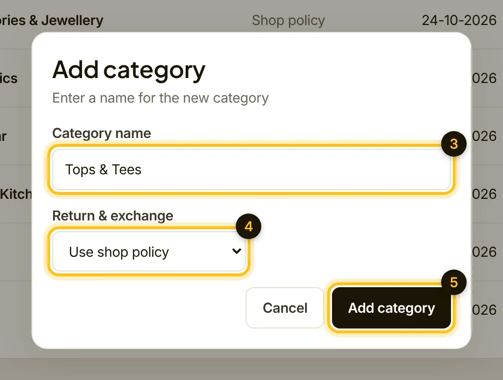 The Add category form with the name Tops and Tees typed in