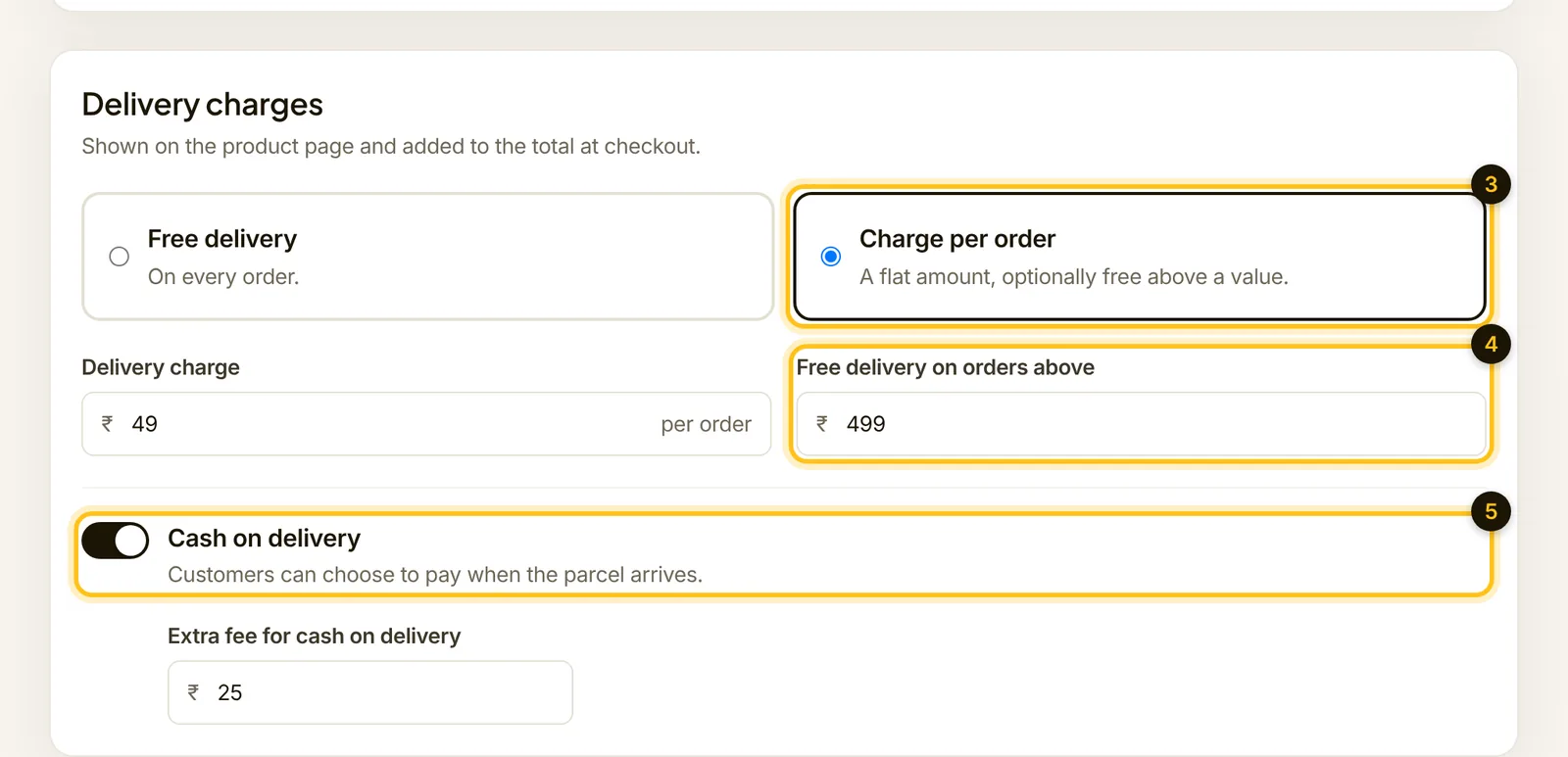 Delivery charges: 49 rupees per order, free above 499, and cash on delivery with a 25 rupee fee