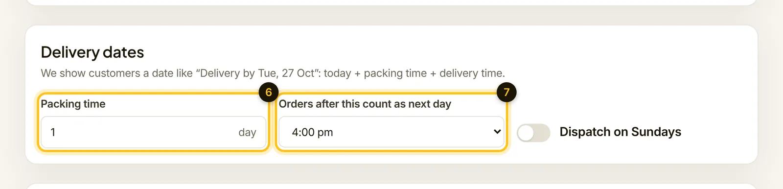 Delivery dates: packing time and the daily cut-off time