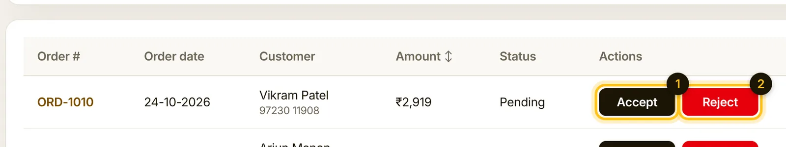 A pending order in the Orders list with Accept and Reject buttons