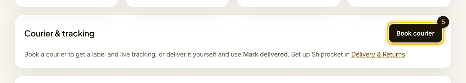 The Courier and tracking panel on an order with the Book courier button