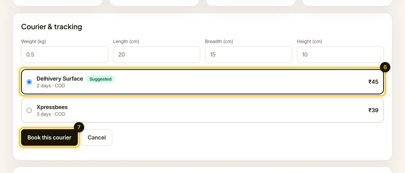 Courier choices with prices and delivery days, and the Book this courier button