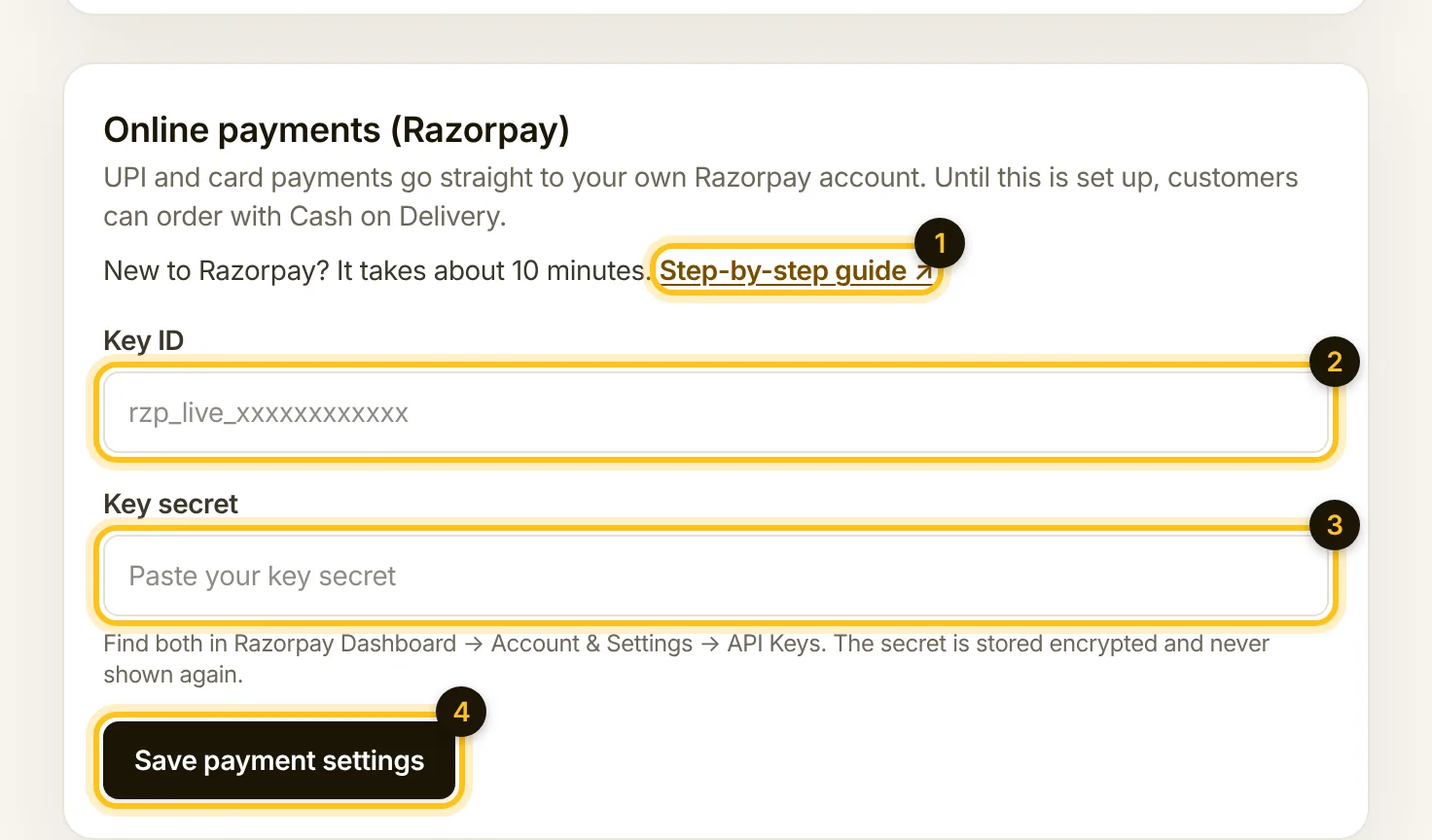 The Online payments Razorpay card with Key ID and Key secret fields