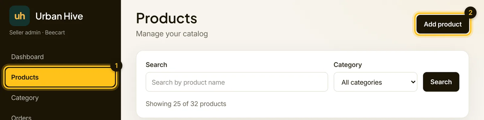The Products page with the Products menu item and the Add product button highlighted