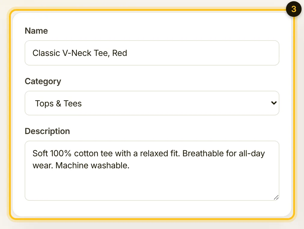 Name, category and description filled in for a red V-neck tee