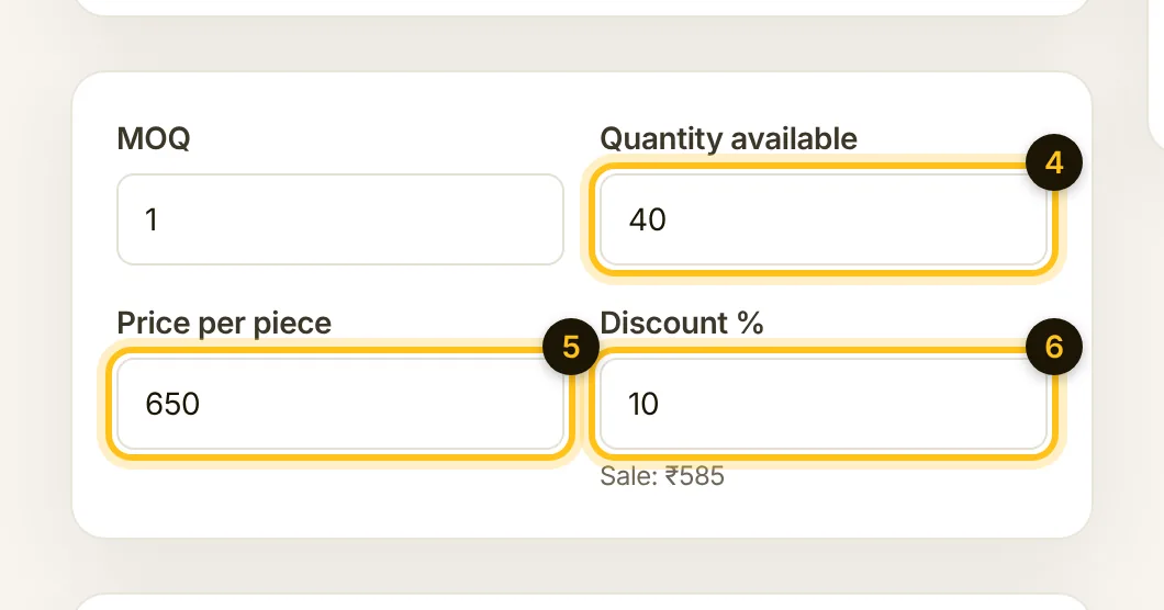 Quantity 40, price 650 and a 10 percent discount, with the sale price of 585 shown