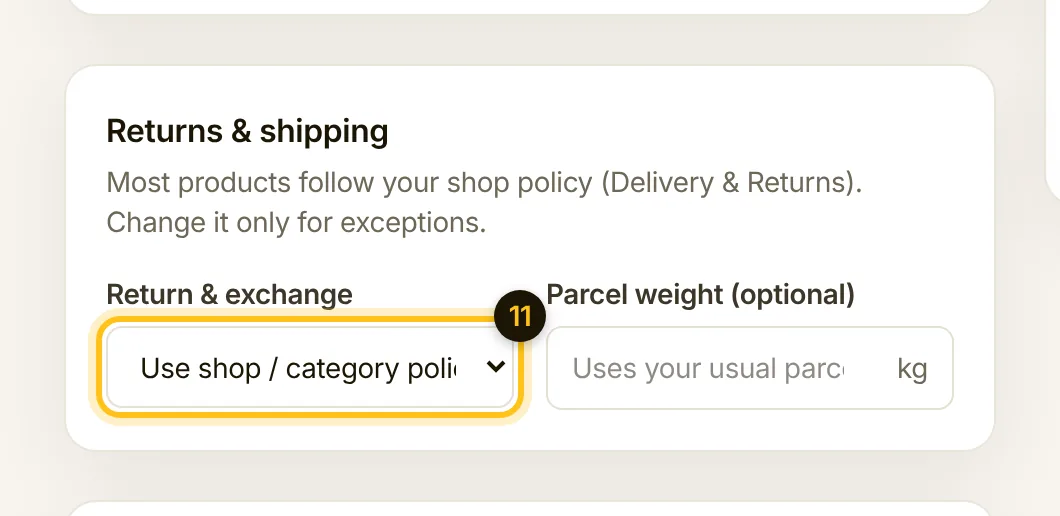 Returns and shipping section of the product form
