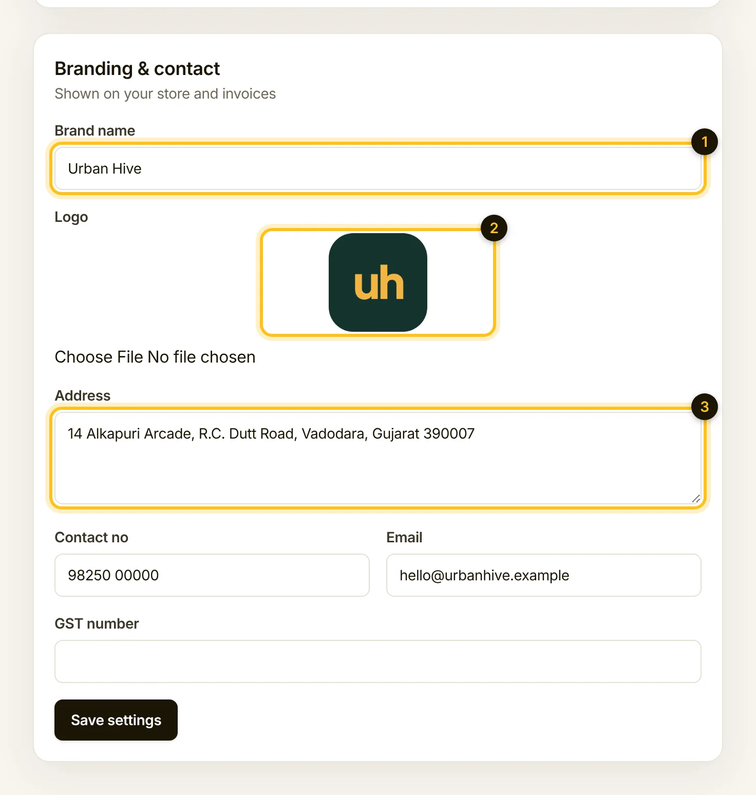 Branding and contact: brand name, logo, address, contact number, email and GST number
