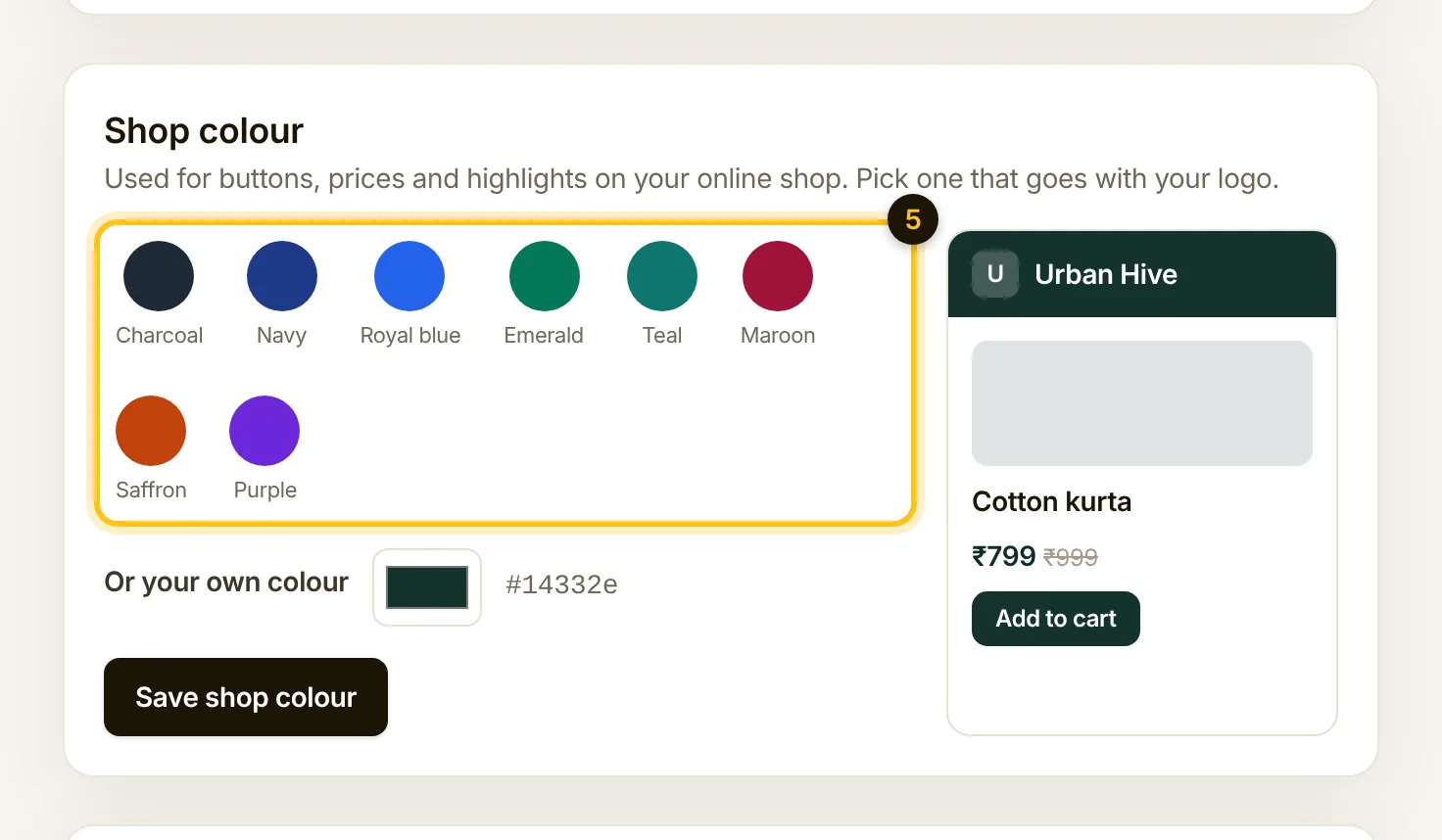 Shop colour choices with a preview of a product card in the chosen colour